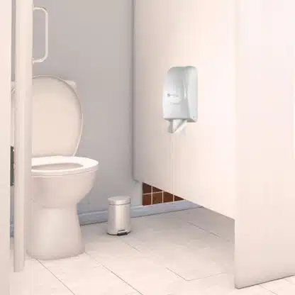 baño, inodoro, dispensador de papel, papel higiénico, cubo de basura