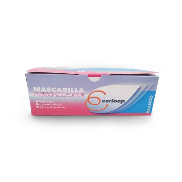 mascarilla desechable, triple capa, soporte earloop, clip nasal ajustable