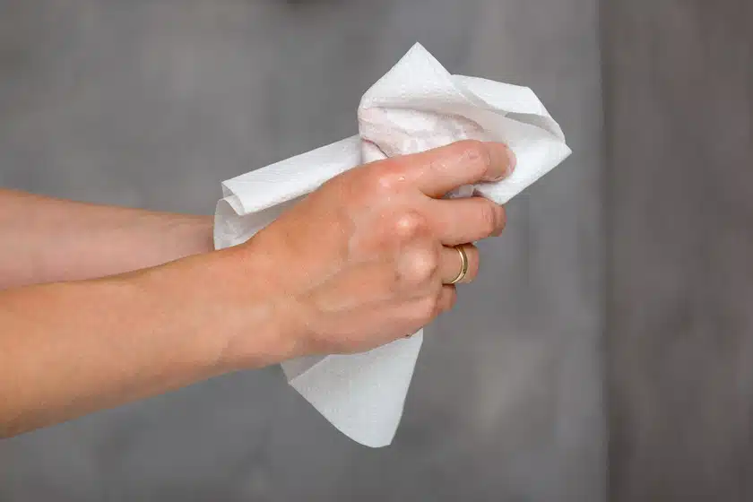 toallas de papel desechable hombre limpiándose las manos