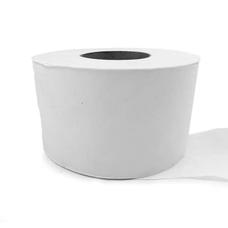 Rollo de papel higiénico blanco sobre fondo blanco.